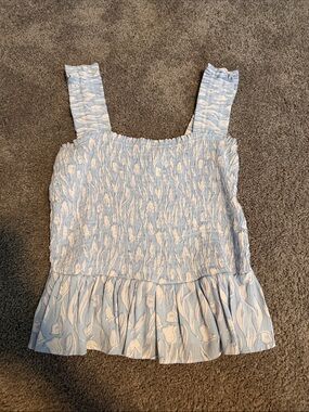 LC Lauren Conrad Light Blue Floral Smocked Cami with Ruffle Hem